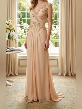 Cinderella Champagne Beaded Evening Gown - Size 6 - Elegant Formal Prom Dress